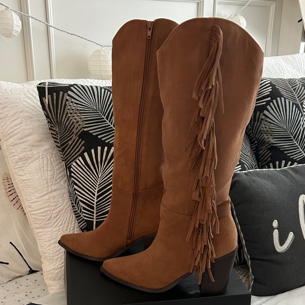 Windsor Cognac Suede Fringe Knee-High Boots - Picture 5 of 9